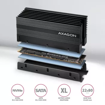 Axagon CLR-M2XL Παθητική ψύκτρα αλουμινίου για μονόπλευρους και αμφίπλευρους δίσκους M.2 SSD, μέγεθος 2280, ύψος 36 mm