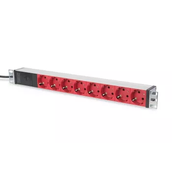 DIGITUS 1U Αλουμινίου PDU, τοποθέτησης σε rack 10A βύσμα, 250VAC 50/60Hz, 8x ΚΟΚΚΙΝΗ υποδοχή CEE 7/7 ασφαλισμένη, βύσμα IEC C14