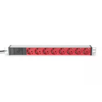 DIGITUS 1U Αλουμινίου PDU, τοποθέτησης σε rack 10A βύσμα, 250VAC 50/60Hz, 8x ΚΟΚΚΙΝΗ υποδοχή CEE 7/7 ασφαλισμένη, βύσμα IEC C14