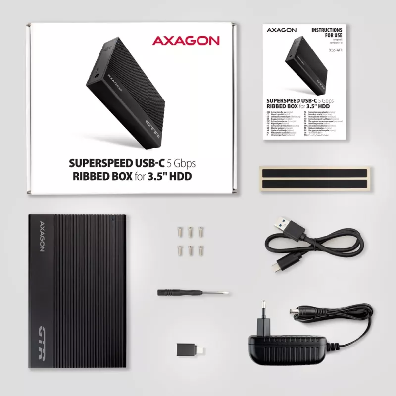 Axagon EE35-GTR USB-C 5Gbps - SATA 6G, 3.5 RIBBED box BLACK - Θήκη HDD USB Type C 3,5 ίντσες