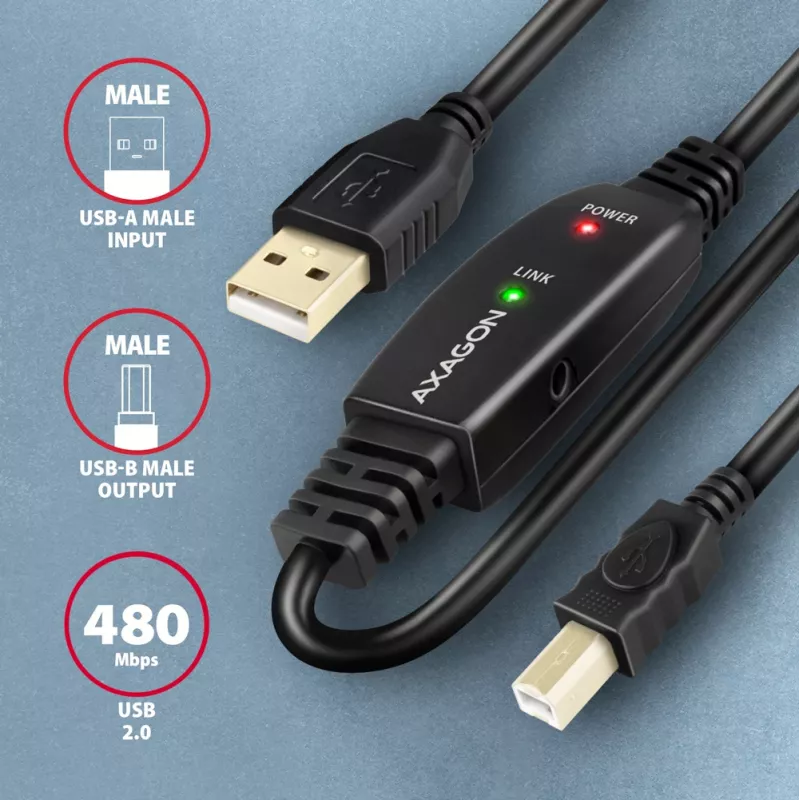 Axagon ADR-215B USB 2.0 A-M -> B-M ενεργό καλώδιο σύνδεσης/επαναλήπτη 15 m