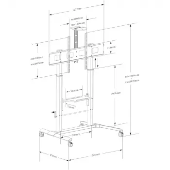 Techly ICA-TR230 κινητή τροχήλατη βάση τηλεόρασης για οθόνες 52-110 ιντσών, ρυθμιζόμενο ύψος 1550-1820 mm, VESA έως 1200x600, 120 kg, 2 ράφια, μαύρη