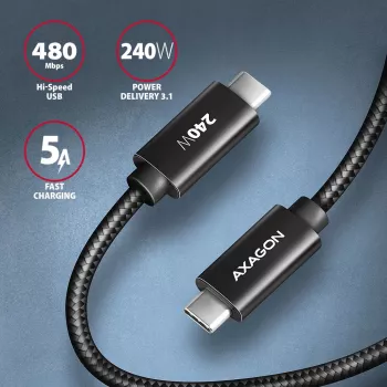 Axagon BUCM2-CM25AB Καλώδιο δεδομένων και φόρτισης USB 480Mbps 2,5 m. PD 240W, 5A. Μαύρο πλεκτό