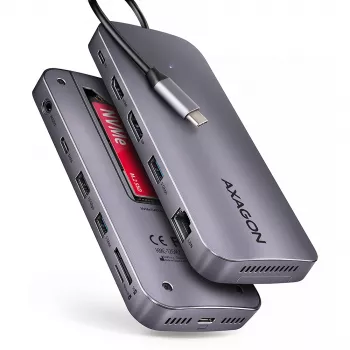 Axagon HMC-12GM2, USB 10Gbps Hub, 3x USB-A, USB-C, HDMI, DP, RJ-45, M.2, SD/mSD, Ήχος, PD