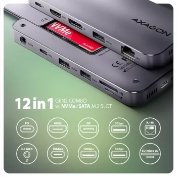 Axagon HMC-12GM2, USB 10Gbps Hub, 3x USB-A, USB-C, HDMI, DP, RJ-45, M.2, SD/mSD, Ήχος, PD