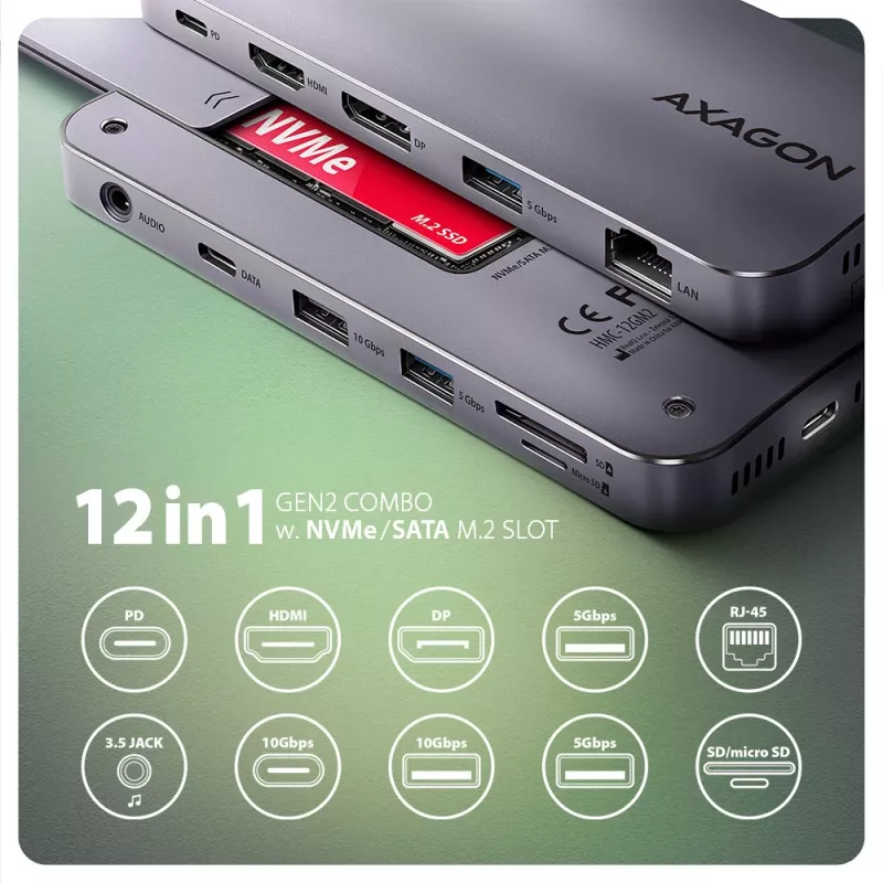 Axagon HMC-12GM2, USB 10Gbps Hub, 3x USB-A, USB-C, HDMI, DP, RJ-45, M.2, SD/mSD, Ήχος, PD