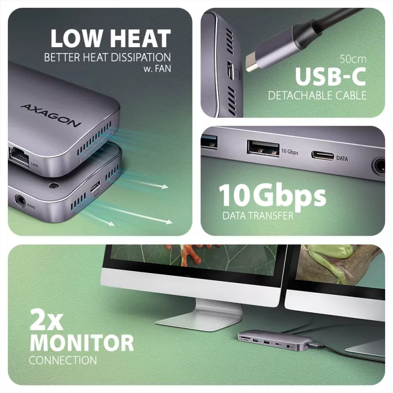 Axagon HMC-12GM2, USB 10Gbps Hub, 3x USB-A, USB-C, HDMI, DP, RJ-45, M.2, SD/mSD, Ήχος, PD
