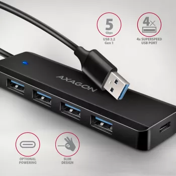 Axagon HUE-C1A 4x USB 5Gbps TRAVEL-Hub, USB-C Power-Είσοδος, 19 cm USB-A Καλώδιο