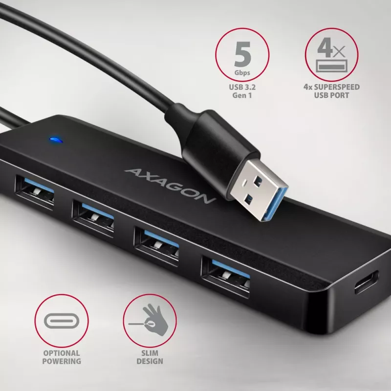 Axagon HUE-C1A 4x USB 5Gbps TRAVEL-Hub, USB-C Power-Είσοδος, 19 cm USB-A Καλώδιο