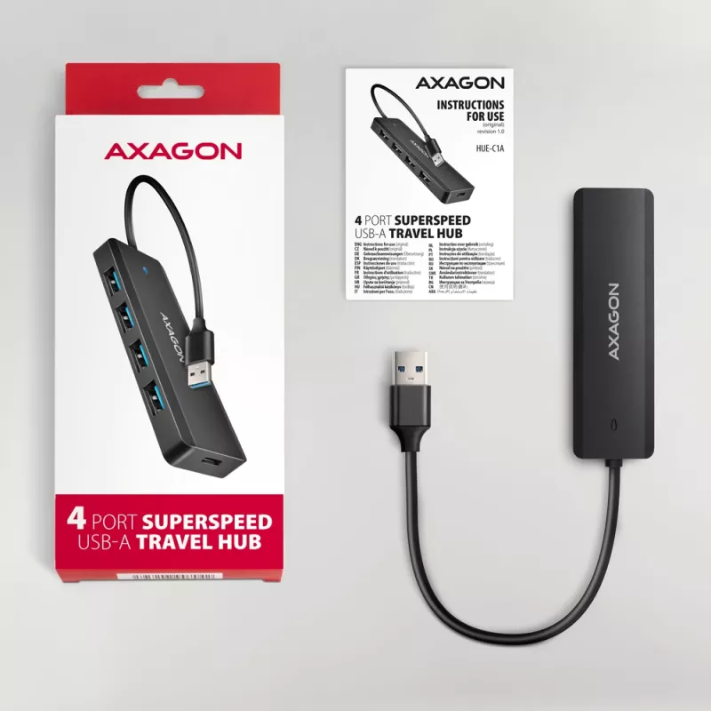 Axagon HUE-C1A 4x USB 5Gbps TRAVEL-Hub, USB-C Power-Είσοδος, 19 cm USB-A Καλώδιο
