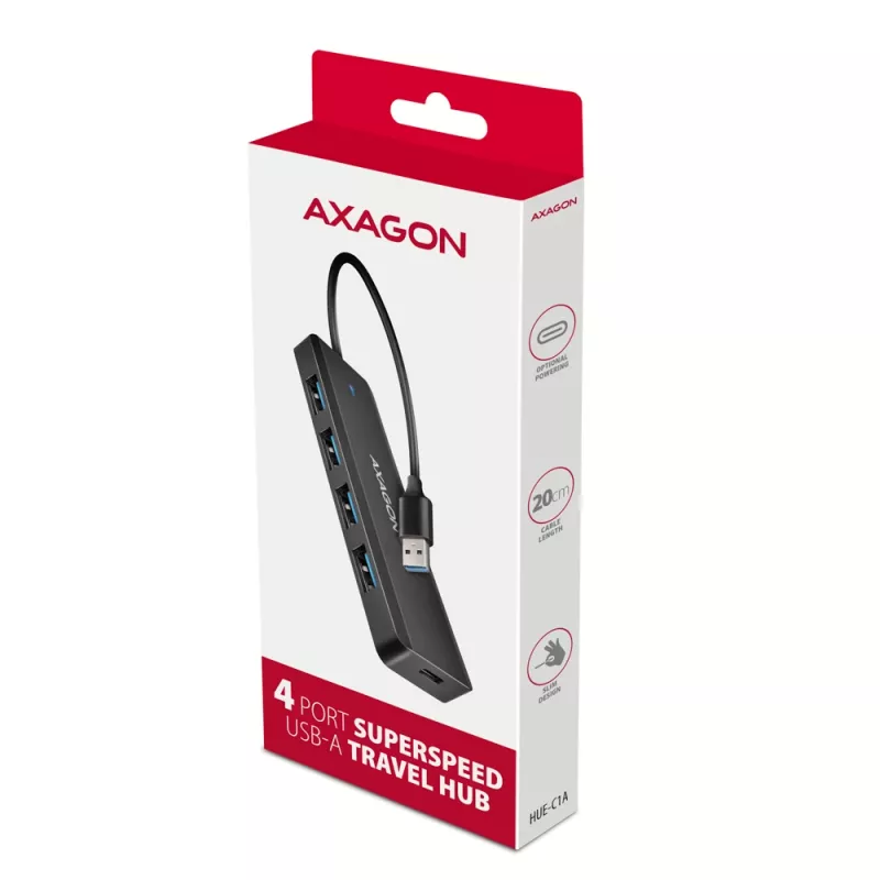 Axagon HUE-C1A 4x USB 5Gbps TRAVEL-Hub, USB-C Power-Είσοδος, 19 cm USB-A Καλώδιο