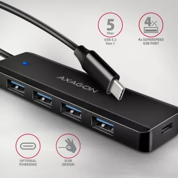 Axagon HUE-C1C 4x USB 5Gbps TRAVEL Hub, USB-C Power IN, 19 cm USB-C Καλώδιο