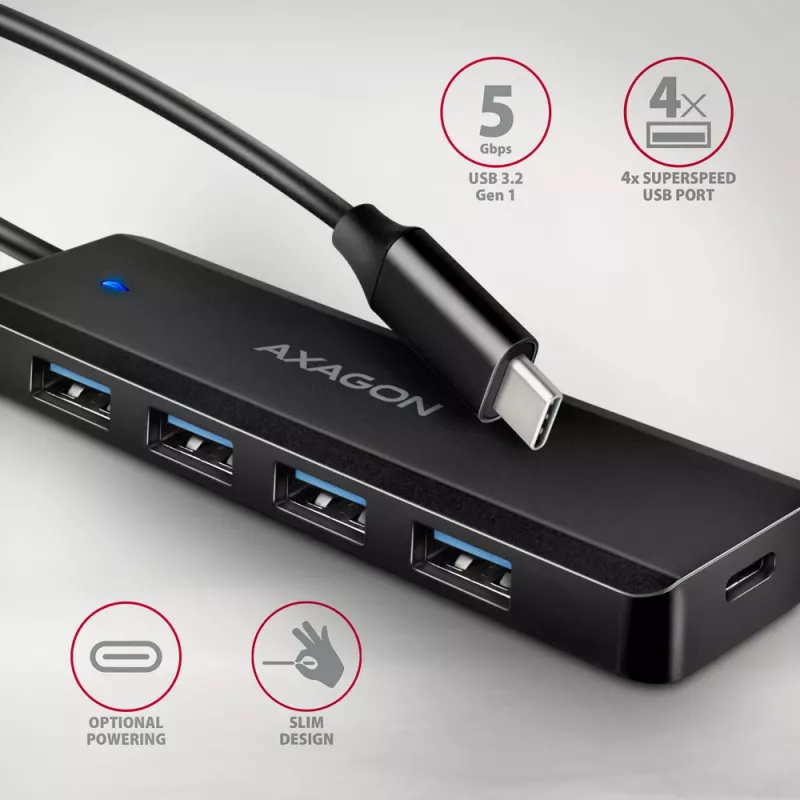 Axagon HUE-C1C 4x USB 5Gbps TRAVEL Hub, USB-C Power IN, 19 cm USB-C Καλώδιο