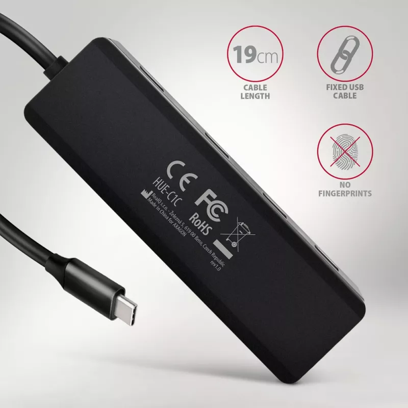 Axagon HUE-C1C 4x USB 5Gbps TRAVEL Hub, USB-C Power IN, 19 cm USB-C Καλώδιο
