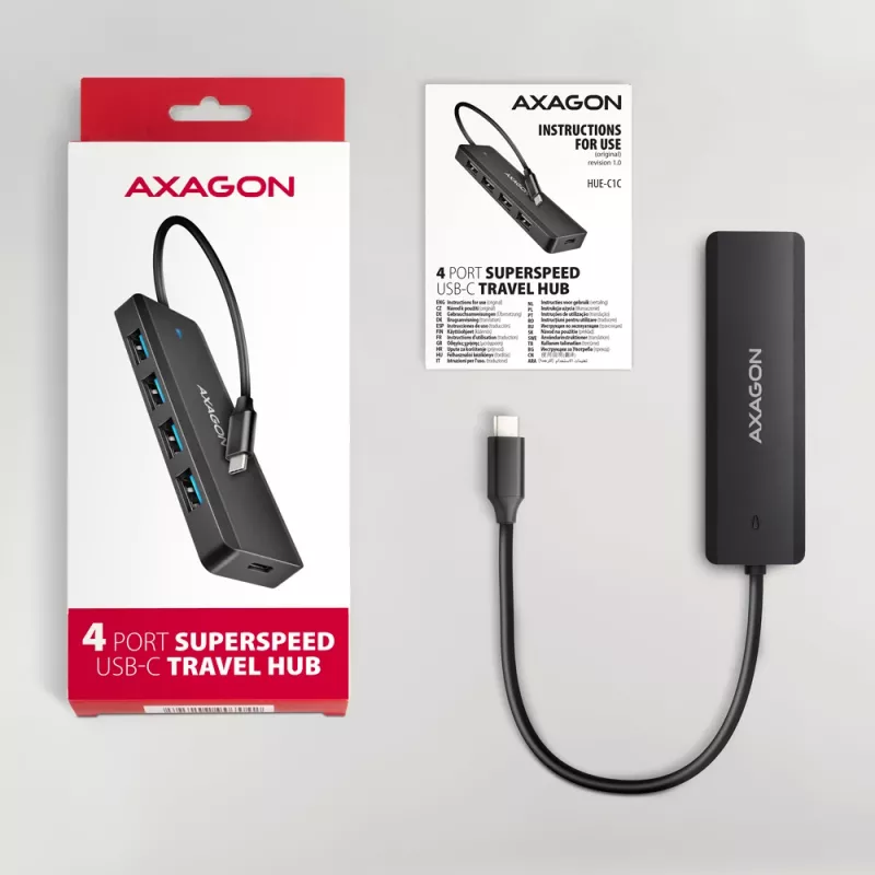 Axagon HUE-C1C 4x USB 5Gbps TRAVEL Hub, USB-C Power IN, 19 cm USB-C Καλώδιο