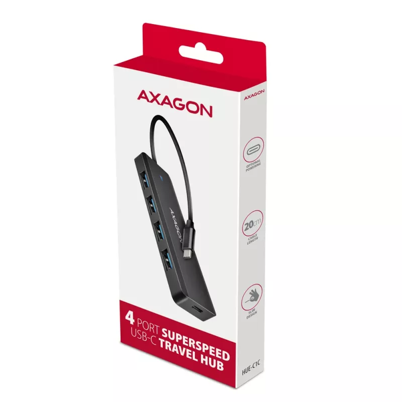Axagon HUE-C1C 4x USB 5Gbps TRAVEL Hub, USB-C Power IN, 19 cm USB-C Καλώδιο