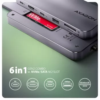 Axagon HMC-6GM2 USB 10Gbps Hub USB-A USB-C HDMI M.2 SD/mSD PD 100W USB-C Ενσύρματο USB 3.2 Gen 2 (3.1 Gen 2) Type-C Γκρι