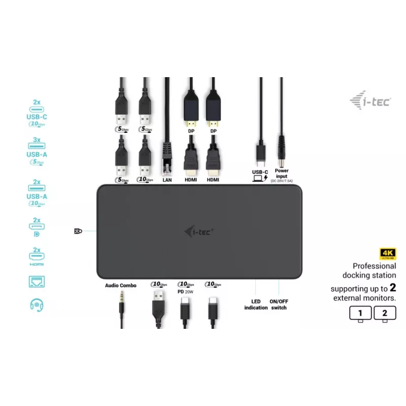 i-tec USB 3.0 / USB-C / Thunderbolt 3 Professional Dual 4K Display Σταθμός σύνδεσης Generation 2 + Power Delivery 100W