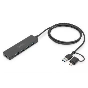 DIGITUS USB 3.0 Hub 4-Port Slimline με προσαρμογέα USB-C 5Gbps καλώδιο 1m