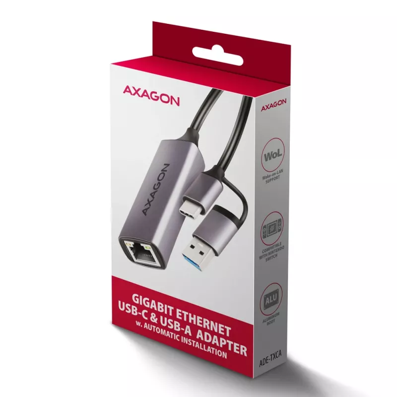 Axagon ADE-TXCA USB-C + USB-A 3.2 Gen 1 - Προσαρμογέας Gigabit Ethernet, Asix AX88179