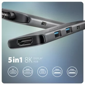 Axagon HMC-5H8K Hub USB 5Gbps 2x USB-A USB-C HDMI 8k/30Hz PD 100W καλώδιο USB-C ενσύρματο USB 3.2 Gen 1 (3.1 Gen 1) Type-C γκρι