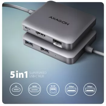 Axagon HMC-5HL Hub USB 5Gbps, 2x USB-A, HDMI 4K/60Hz, RJ-45, PD 100W, καλώδιο USB-C 20cm