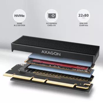 Axagon PCEM2-XS PCIe x16 - Προσαρμογέας M.2 NVMe M-Key, με παθητική ψύκτρα αλουμινίου