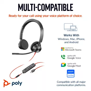 HP Poly Blackwire 3325 Στερεοφωνικό headset Microsoft Teams Certified USB-C +βύσμα 3.5mm +προσαρμογέας USB-C/A