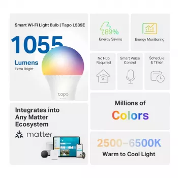 TP-Link Tapo Smart Light Bulb, Multicolor, Matter, Έξυπνος λαμπτήρας, Wi-Fi/Bluetooth, Λευκό, 802.11b, 802.11g, Wi-Fi 4 (802.11n), WPA-PSK, WPA2-PSK, WPA3-SAE, LED