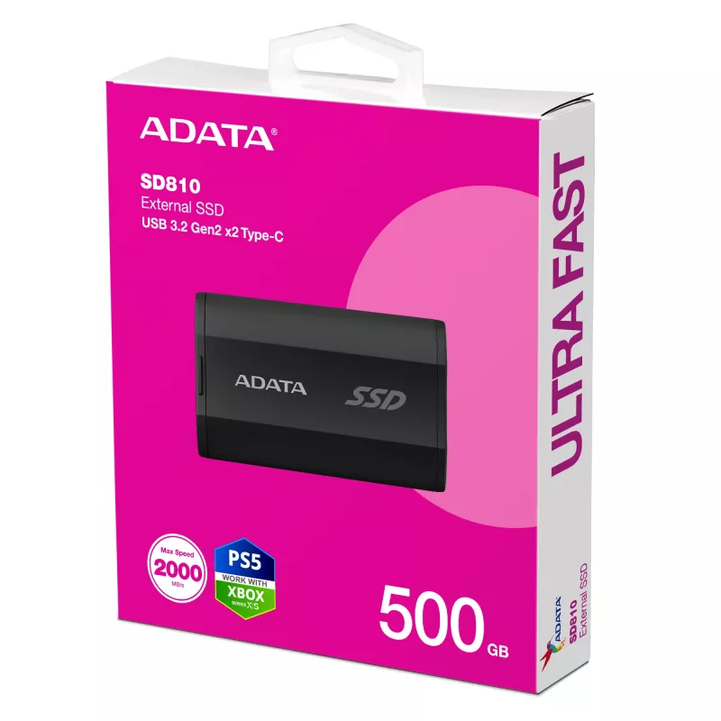 Φορητός SSD ADATA SD810 500 GB — USB Type-C, USB 3.2 Gen 2x2, 2000 MB/s, IP68, αλουμίνιο, μαύρος