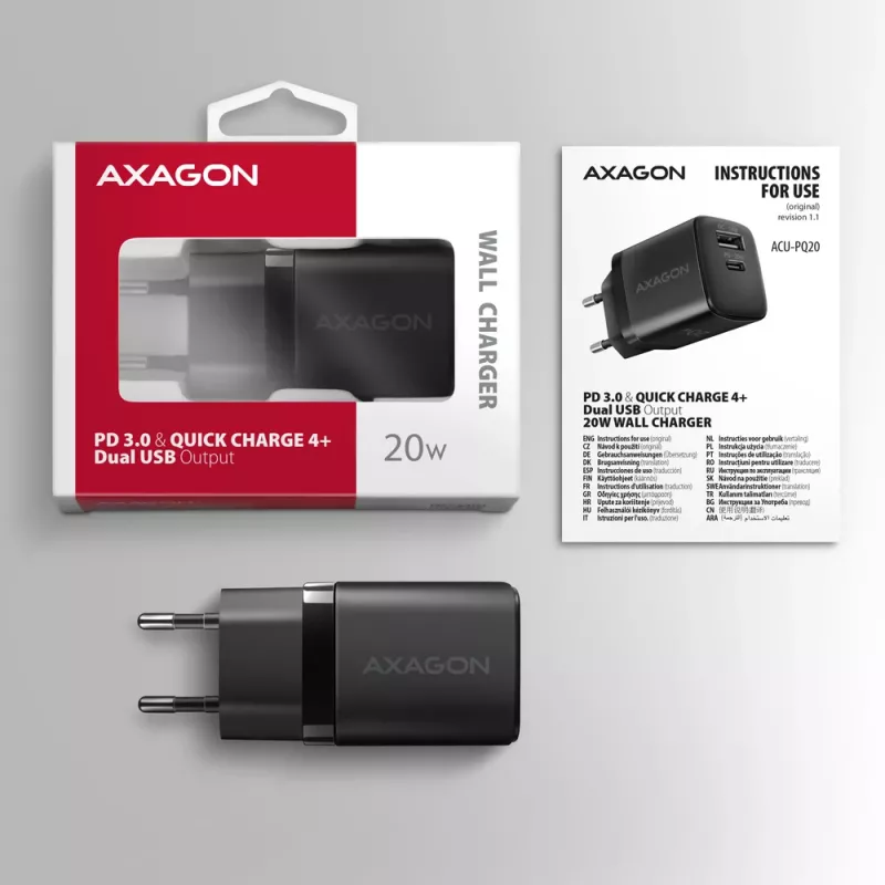 Φορτιστής τοίχου Axagon ACU-PQ20 QC3.0 PD Type-C 20W Μαύρος