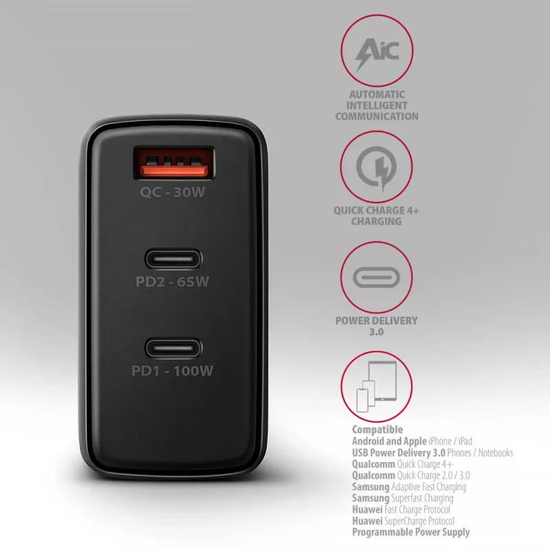 Axagon ACU-DPQ100 PD3.0 & QC 4+ THREE OUTPUTS Φορτιστής τοίχου 100W