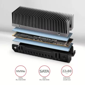 Axagon CLR-M2XT παθητική ψύκτρα αλουμινίου για μονής και διπλής όψης M.2 SSD μεγέθους 2280, ύψος 24 mm