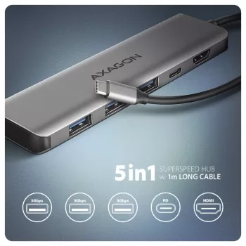 Axagon HMC-5H USB 5Gbps Hub, 3x USB-A, HDMI 4K/30Hz, PD 100W, καλώδιο USB-C 100cm
