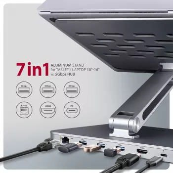 Axagon HMC-STND Multi-Port USB-C 5Gbit/s Hub και βάση αλουμινίου για φορητούς υπολογιστές. HDMI 4K/60Hz, GLAN, PD και 3 θύρες USB-A. Καλώδιο USB-C 60 cm.