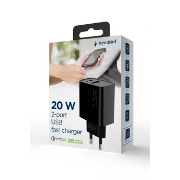 GEMBIRD Φορτιστής USB ταχείας φόρτισης – 2 θύρες Type A & C, 20 W – Μαύρο