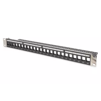 DIGITUS Modular Patch Panel, θωρακισμένο 24-Port, χωρίς εξαρτήματα, 1U, τοποθέτηση σε rack, χρώμα μαύρο διαφανή πεδία σήμανσης