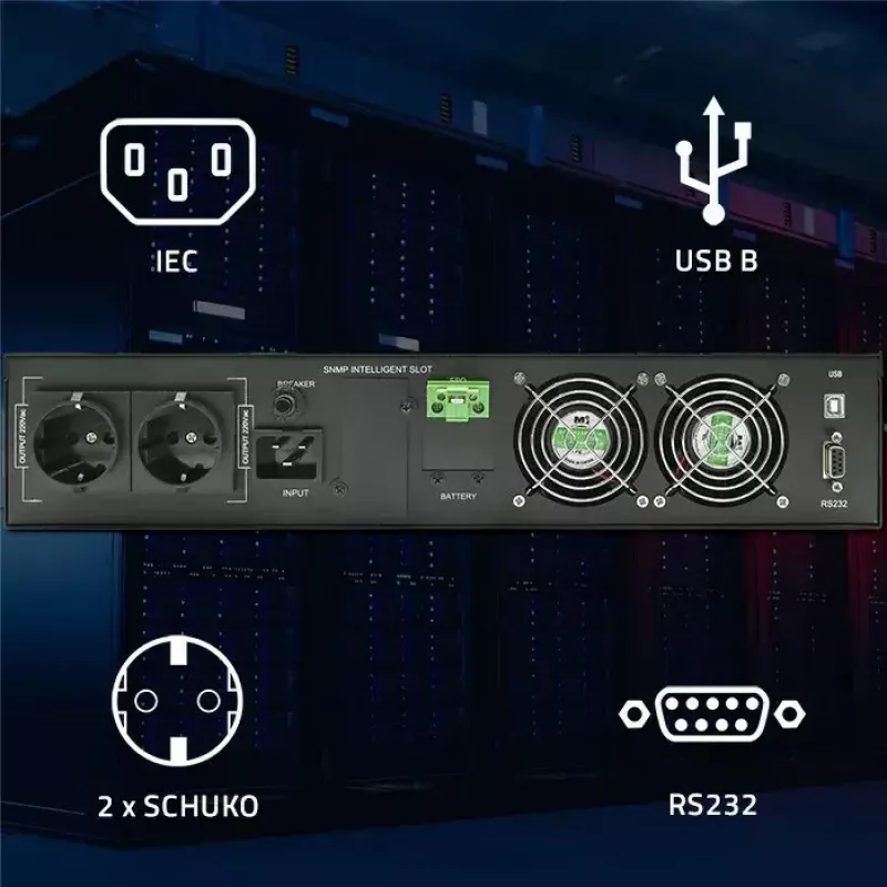 Rack UPS QOLTEC 52286 2 kVA (2000 W) συντελεστής ισχύος 1,0, τοποθέτηση σε rack