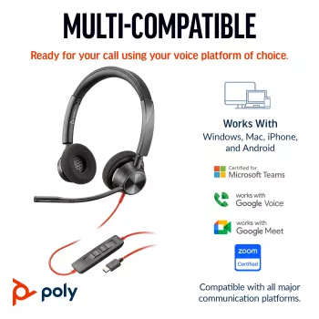 HP Poly Blackwire 3320 στερεοφωνικό USB-C headset +προσαρμογέας USB-C/A