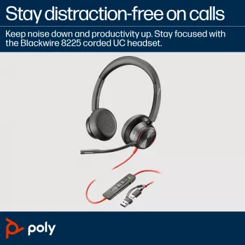 HP Poly Blackwire 8225 στερεοφωνικό USB-C headset +προσαρμογέας USB-C/A