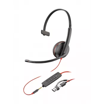HP Poly Blackwire 3215 μονοφωνικό USB-C headset + βύσμα 3,5 mm + προσαρμογέας USB-C/A