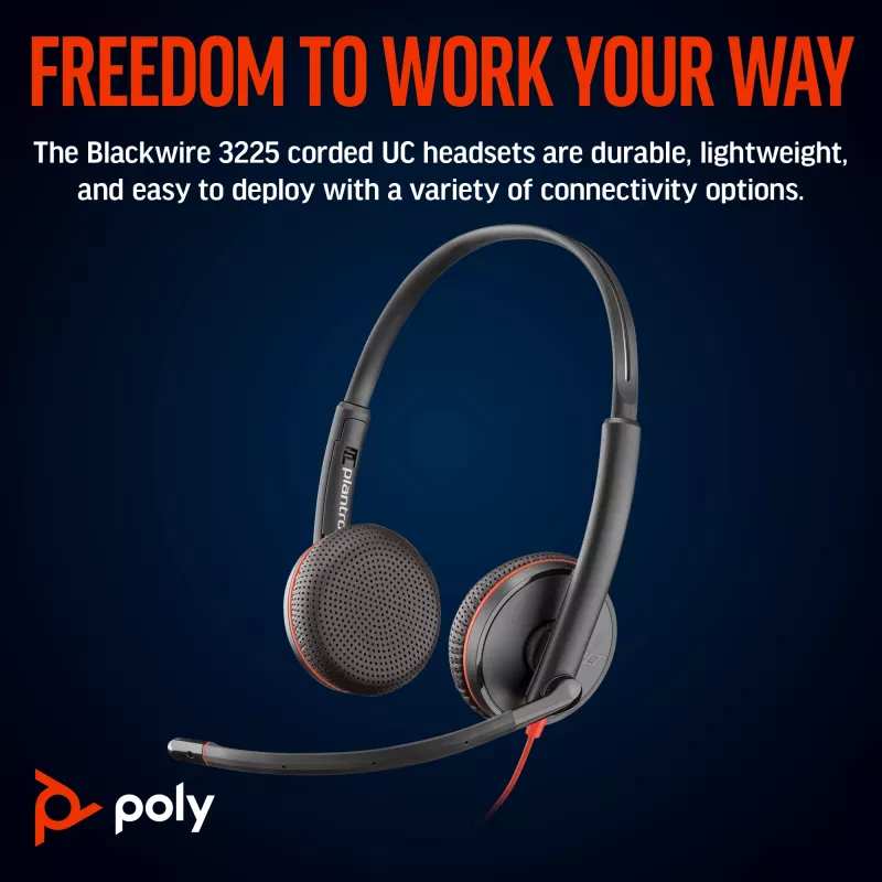 HP Poly Blackwire 3225 στερεοφωνικό USB-C headset +βύσμα 3,5 mm +προσαρμογέας USB-C/A