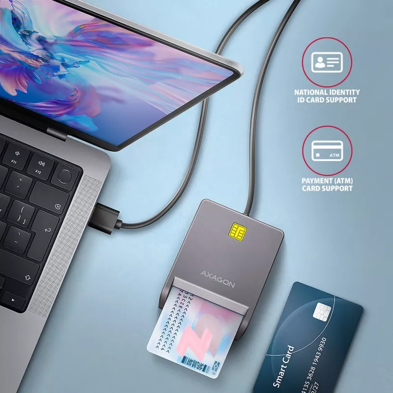 Αναγνώστης καρτών Smart/ID Axagon CRE-SM3T USB-A, επίπεδος, USB 2.0, 1,3 m, μαύρος, 56 g