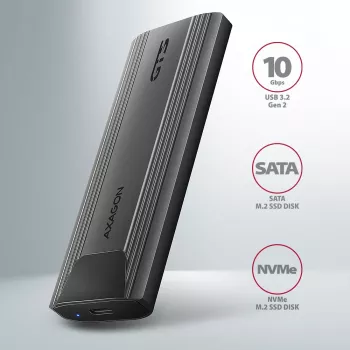 Axagon EEM2-GTS2 Εξωτερική μεταλλική θήκη USB-C 10 Gbit/s για M.2 NVMe & SATA SSD. Χωρίς βίδες