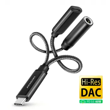 Axagon ADA-HCPD USB-C σε 3,5 mm jack – Προσαρμογέας ήχου Hi-Res DAC, 384 kHz/32 Bit, PD 60 W 3 A