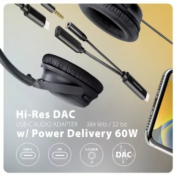Axagon ADA-HCPD USB-C σε 3,5 mm jack – Προσαρμογέας ήχου Hi-Res DAC, 384 kHz/32 Bit, PD 60 W 3 A
