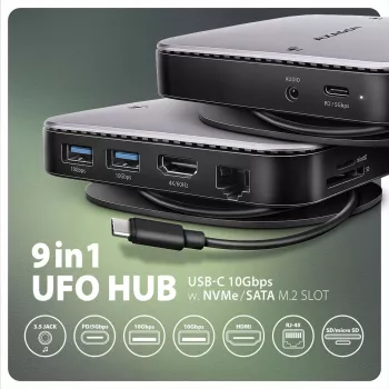 Axagon HMC-UFO USB-C Hub M.2 SATA/NVMe 1 Gbit/s Ethernet 384 kHz Ήχος Ενσύρματο USB 3.2 Gen 2 (3.1 Gen 2) Type-C Μαύρο