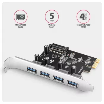 Axagon PCEU-430RS κάρτα ελεγκτή PCIe 2.0 x1, 4x εξωτερικά USB-A 5 Gbps (USB 3.2 Gen 1), Renesas PD720201, UASP, τροφοδοσία SATA 15 ακίδων