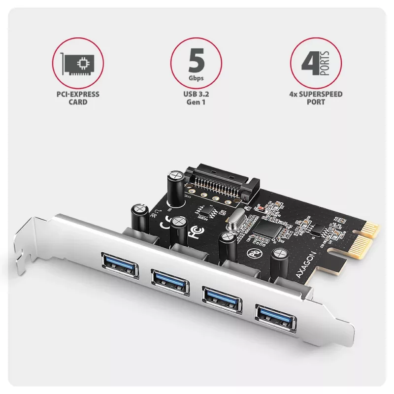 Axagon PCEU-430RS κάρτα ελεγκτή PCIe 2.0 x1, 4x εξωτερικά USB-A 5 Gbps (USB 3.2 Gen 1), Renesas PD720201, UASP, τροφοδοσία SATA 15 ακίδων