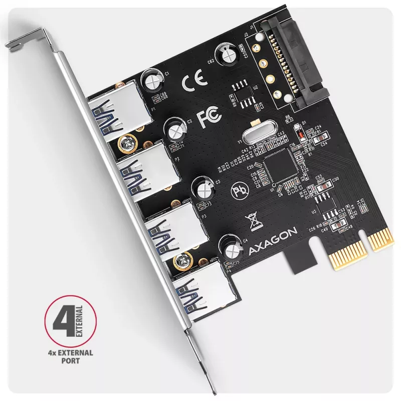 Axagon PCEU-430RS κάρτα ελεγκτή PCIe 2.0 x1, 4x εξωτερικά USB-A 5 Gbps (USB 3.2 Gen 1), Renesas PD720201, UASP, τροφοδοσία SATA 15 ακίδων